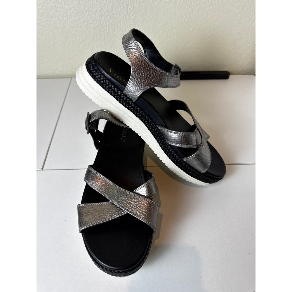 Vionic Mar Sandals Women Size 10 Silver Metallic Leather Platform Orthopedic